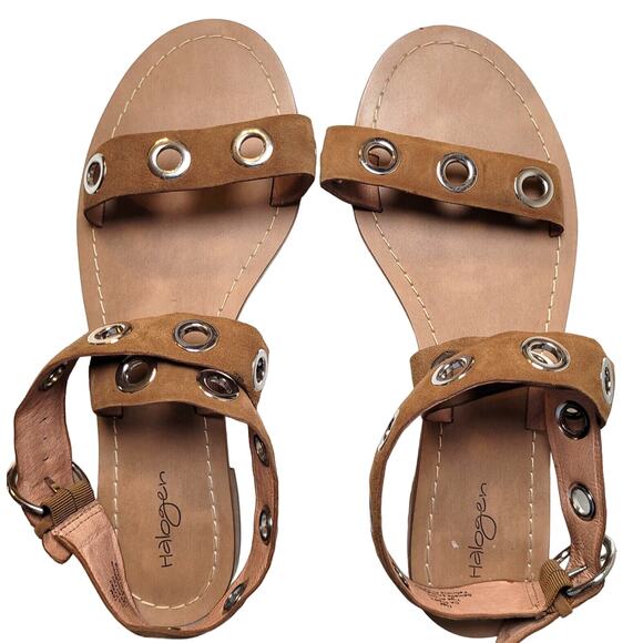 Halogen Sandals Womens 10M Ankle Straps Tan Leather Silver Grommets Boho Hippie - Picture 3 of 8